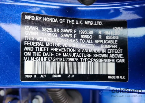 2019 Honda Civic Sport из США, поврежденный, VIN SHHFK7G41KU209675